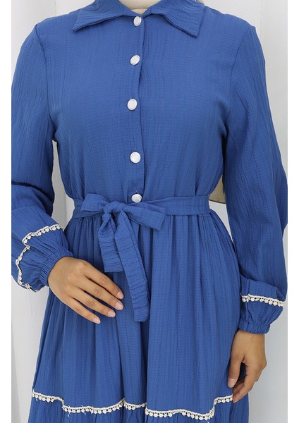 Yarım Düğmeli Kuşaklı Elbise 2098-02 Indigo fırsatları