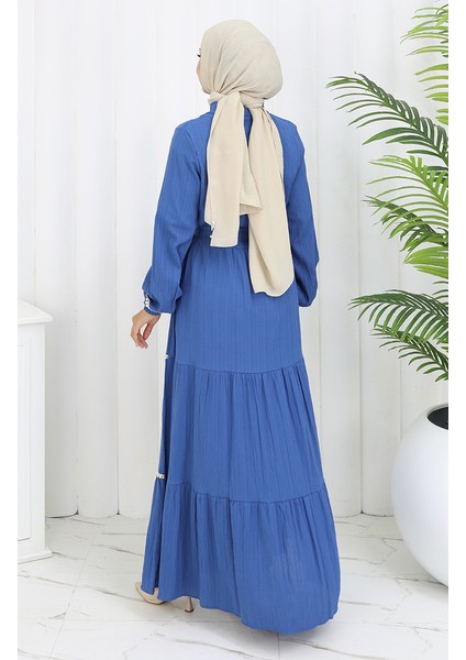 Yarım Düğmeli Kuşaklı Elbise 2098-02 Indigo indirimleri