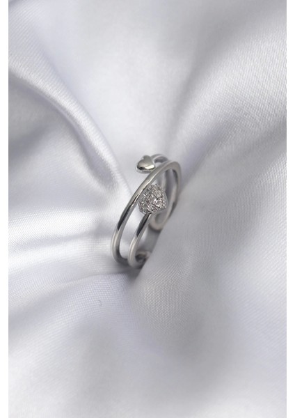 Bfs Pirinç Gümüş Renk Zirkon Taş Detay Kalp Model Kadın Yüzük