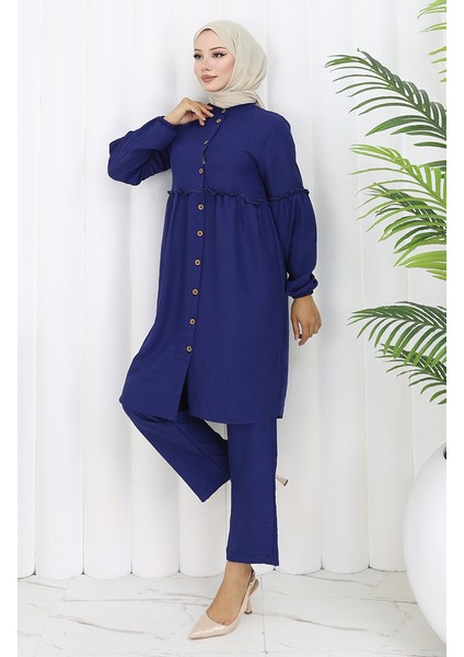 Büzgülü Düğmeli Tunik Pantolon Ikili Takım 0115-06 Lacivert