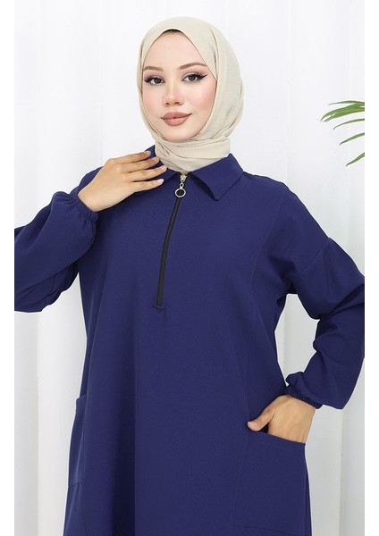 Double Kumaş Uzun Tunik Pantolon Ikili Takım 0034-09 Koyu Lacivert modelleri