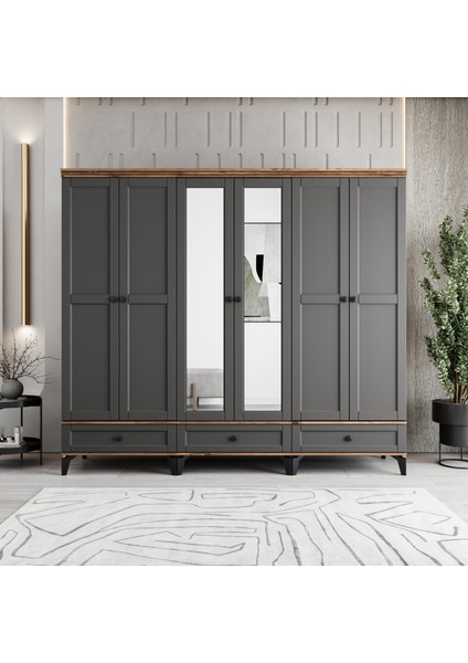 Silva 6 Kapaklı Çekmeceli Gardırop Tamamı MDF (Antrasit)