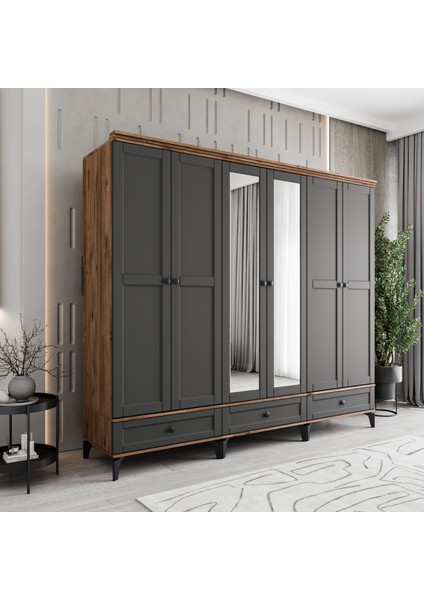 Silva 6 Kapaklı Çekmeceli Gardırop Tamamı MDF (Antrasit)