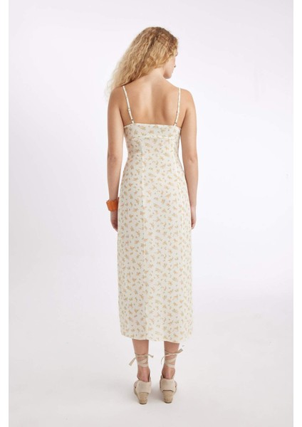 Kalp Yaka Çiçekli Maroken Askılı Midi Elbise C0960AX24SM