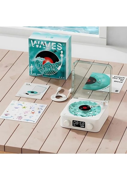 Bfs Waves Nostalji Plak Görünümlü Bluetooth Hoparlör 3D Ses Dalgası Retro Müzik Plak Mavi