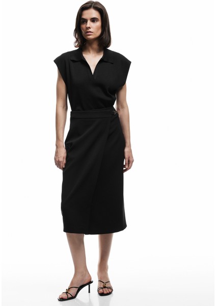 Metal Aksesuar Detaylı Midi Kruvaze Kalem Etek