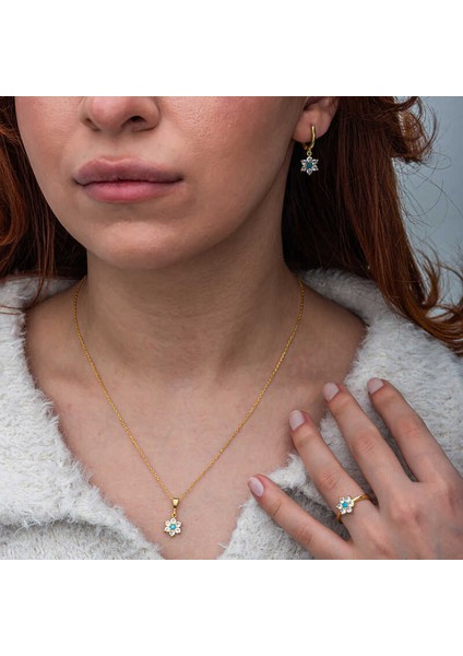 Gümüş Mavi Taşlı Gold Çiçek Kadın Set SL11532