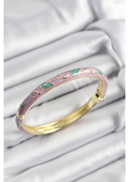 Mineli Pirinç Pembe ve Yeşil Yaprak Motifli Gold Renk Kadın Kelepçe