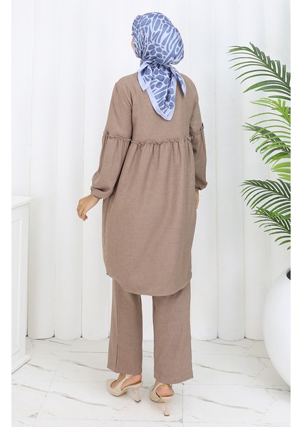 Büzgülü Düğmeli Tunik Pantolon Ikili Takım 0115-04 Vizon indirimleri