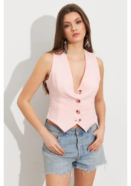Kadın Pembe Keten Astarlı Yelek TW60046