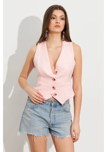 Kadın Pembe Keten Astarlı Yelek TW60046