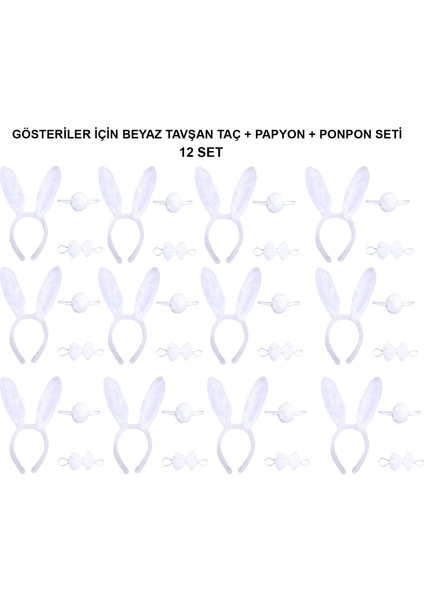 Beyaz Tavşan Kostüm Seti – Taç, Papyon, Kuyruk (12’li Paket)