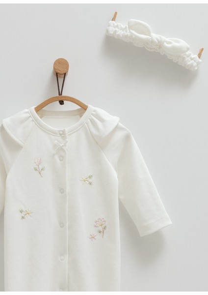 Kız Bebek Tulumu Bandanalı %100 Pamuk Çiçek Detaylı (Tüm Bedenleri Patikli)