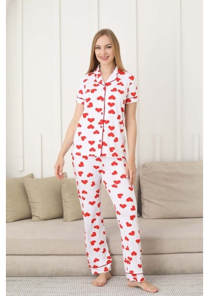 Kadın Önden Düğmeli Kısa Kol Likralı Kalp Baskılı Pijama Takımı fiyatları