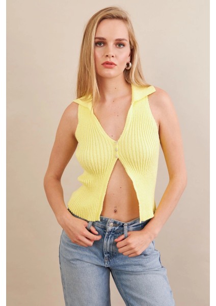 Kadın Sarı Polo Yaka Yumoş Yelek ZH050
