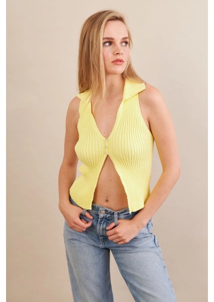 Kadın Sarı Polo Yaka Yumoş Yelek ZH050