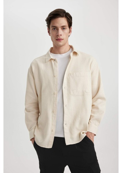 Oversize Geniş Kalıp Polo Yaka Waffle Uzun Kollu Gömlek C2841AX24SP