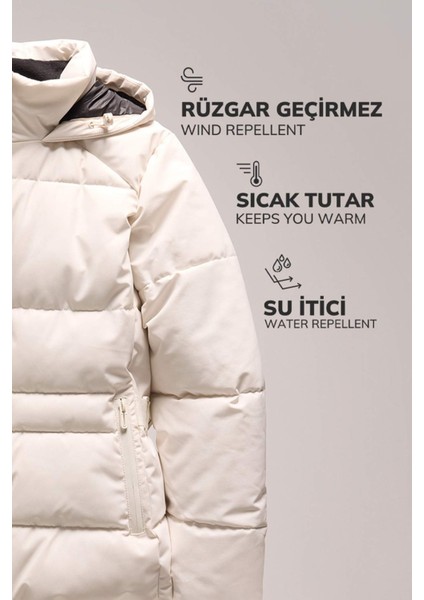 Su İtici Uzun Şişme Mont Parka Isı Yalıtımlı Kapitoneli Kapüşonlu Puffer A0873AX24WN