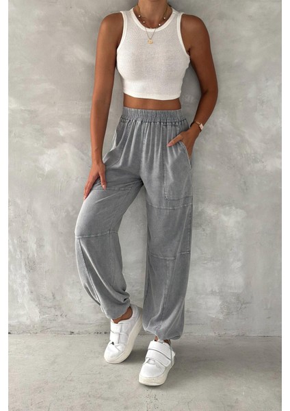 Urban Ease Yüksek Bel Yıkamalı Paça Ayarlı Jogger Keten Pantolon