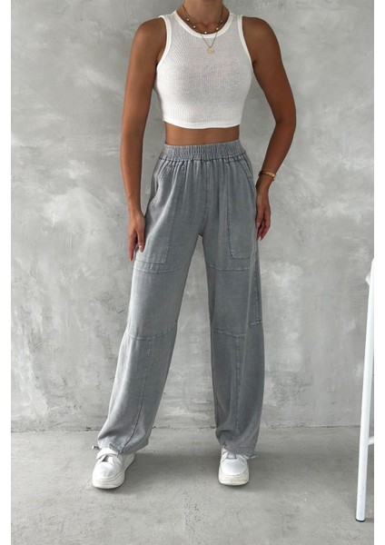Urban Ease Yüksek Bel Yıkamalı Paça Ayarlı Jogger Keten Pantolon