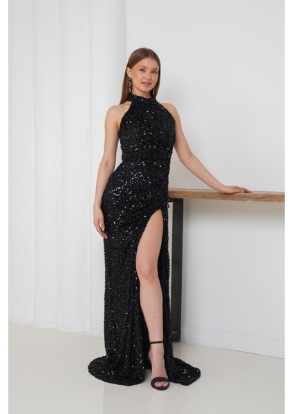 Pul Işlemeli Halter Yaka Balık Abiye Siyah Elbise fiyatları