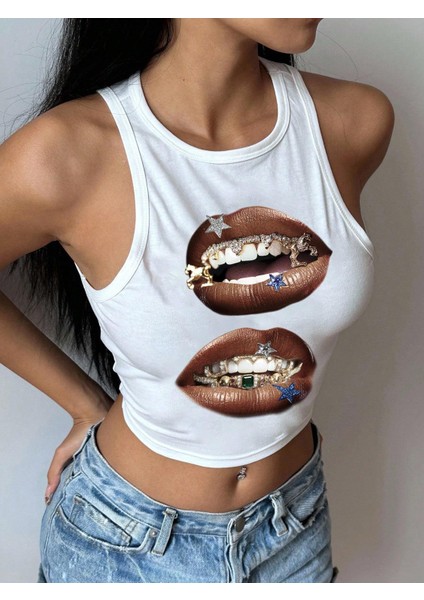 Kadınbeyaz Baskılı Crop Atlet – Diş Grillz Desenli, Sokak Modası Tarzı