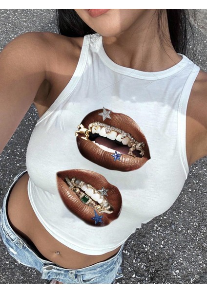 Kadınbeyaz Baskılı Crop Atlet – Diş Grillz Desenli, Sokak Modası Tarzı modelleri