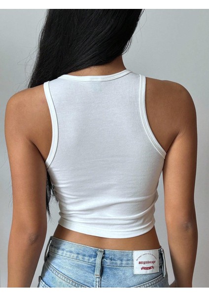 Kadınbeyaz Baskılı Crop Atlet – Diş Grillz Desenli, Sokak Modası Tarzı fırsatları