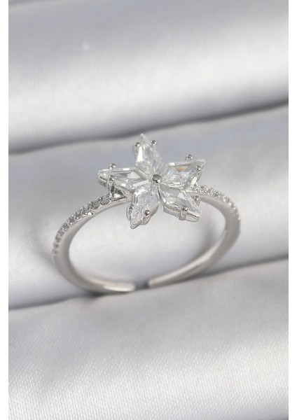 Bfs Pirinç Gümüş Renk Zirkon Taşlı Yıldız Model Ayarlanabilir Kadın Yüzük