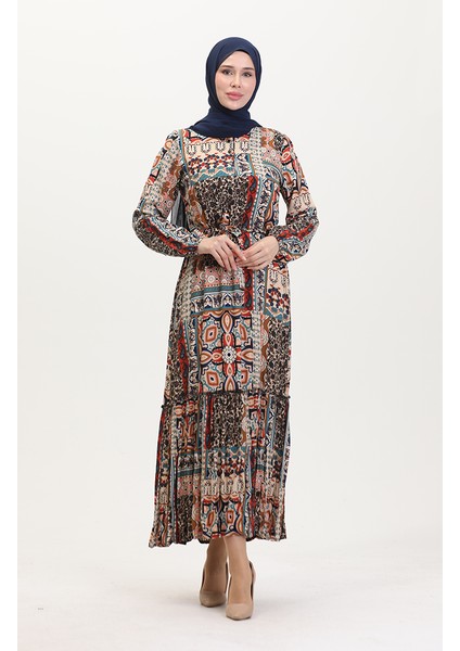 Amelya Farbalı Kuşaklı Viskon Elbise S-M-L-Xl Beden 4588AA-01 Kahverengi Taba