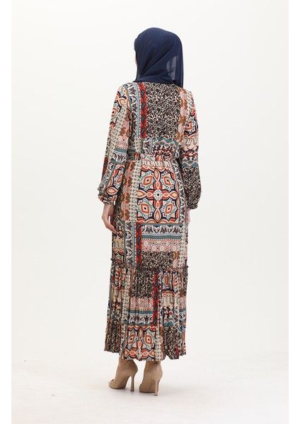 Amelya Farbalı Kuşaklı Viskon Elbise S-M-L-Xl Beden 4588AA-01 Kahverengi Taba indirimleri