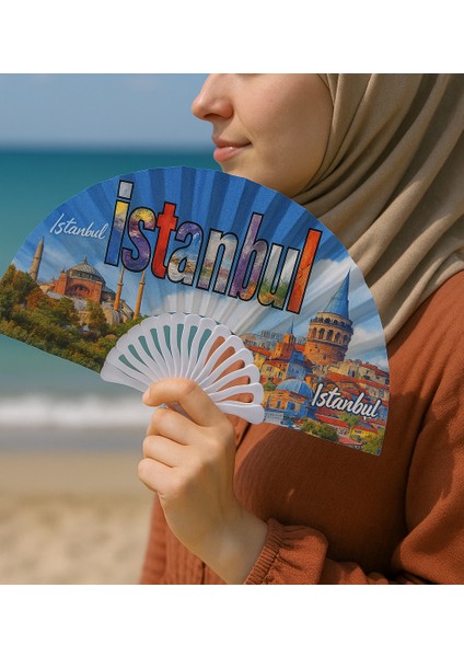 Istanbul Motifli Desenli Kumaş Plastik Tutma Metal Askılı Yelpaze