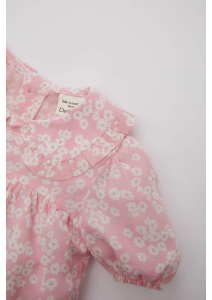 Kız Bebek Büyük Yaka Krinkıl Viskon Çiçekli Kısa Kollu Bluz C3761A524SM