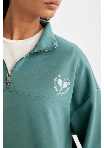 Fit Oversize Geniş Kalıp Fermuarlı Dik Yaka Baskılı Sporcu Sweatshirt B4572AX24SP