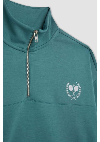 Fit Oversize Geniş Kalıp Fermuarlı Dik Yaka Baskılı Sporcu Sweatshirt B4572AX24SP