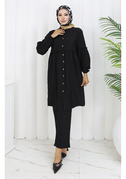 Büzgülü Düğmeli Tunik Pantolon Ikili Takım 0115-03 Siyah