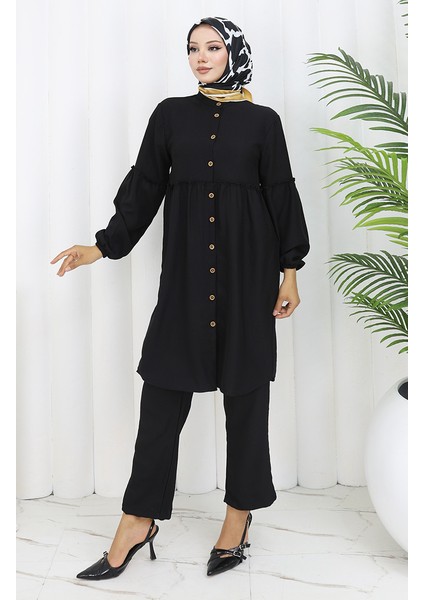Büzgülü Düğmeli Tunik Pantolon Ikili Takım 0115-03 Siyah fiyatları