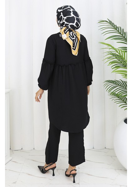 Büzgülü Düğmeli Tunik Pantolon Ikili Takım 0115-03 Siyah indirimleri