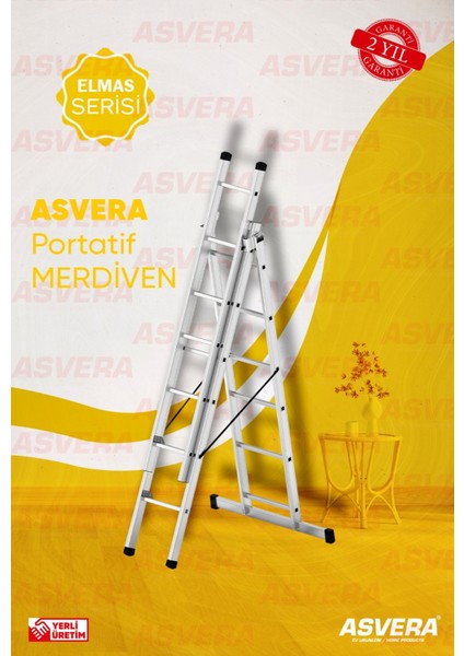 Elmas Serisi - 3 Parça x 2 Metre = 6 Metre A Tipi Alüminyum Merdiven - Yerli Üretim