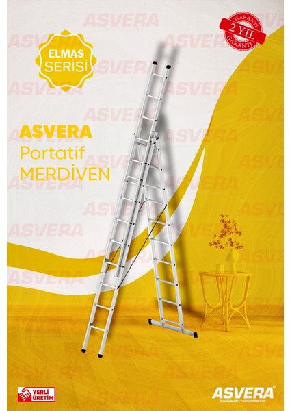 Elmas Serisi - 3 Parça x 3 Metre = 9 Metre A Ti̇pi̇ Alüminyum Merdiven - Yerli Üretim