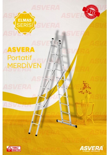 Elmas Serisi - 2 Parça x 3 Metre = 6 Metre A Tipi Alüminyum Merdiven - Yerli Üretim