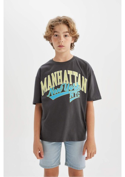 Erkek Çocuk Oversize Geniş Kalıp Bisiklet Yaka Baskılı Kısa Kollu Tişört C3901A824HS