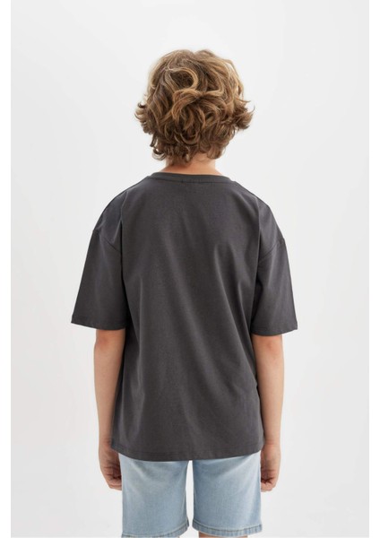 Erkek Çocuk Oversize Geniş Kalıp Bisiklet Yaka Baskılı Kısa Kollu Tişört C3901A824HS