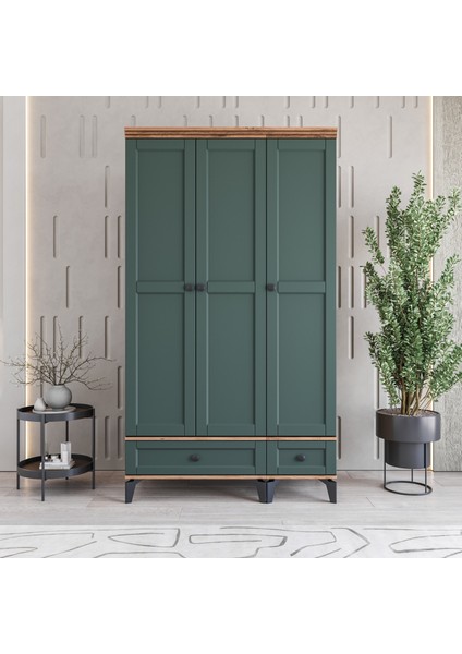Silva 3 Kapaklı Çekmeceli Gardırop Tamamı MDF (Yeşil)