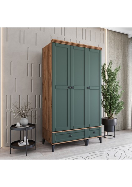 Silva 3 Kapaklı Çekmeceli Gardırop Tamamı MDF (Yeşil)