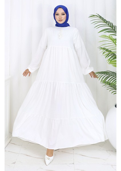 Yaka Bağcıklı Kat Kat Elbise 4107-07 Beyaz
