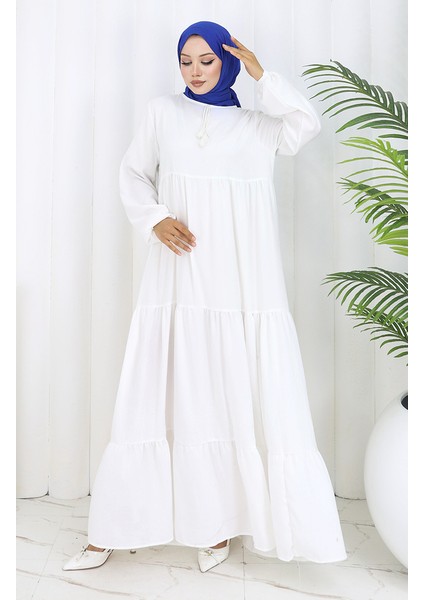 Yaka Bağcıklı Kat Kat Elbise 4107-07 Beyaz fiyatları
