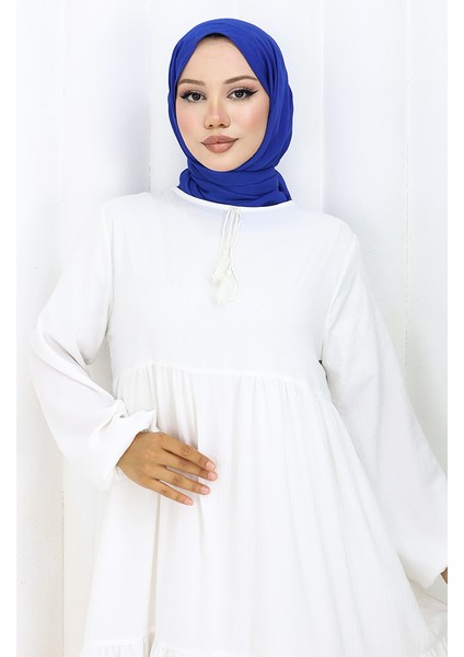 Yaka Bağcıklı Kat Kat Elbise 4107-07 Beyaz modelleri