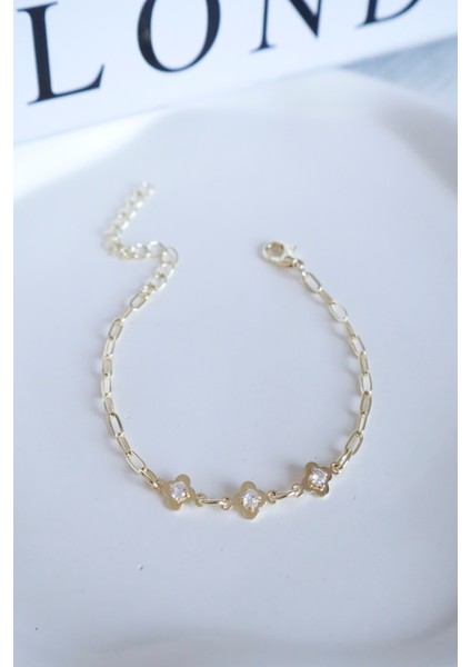 Kadın Bileklik 14K Elips Zincir Zirkon Taşlı Çiçek Bileklik