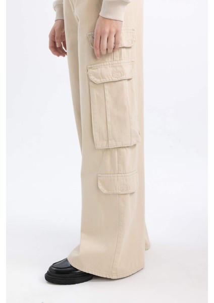 Coool Basic Düz Wide Leg Geniş Bol Paça Pantolon Gabardin Kumaş Kargo Cepli C3890AX24SP